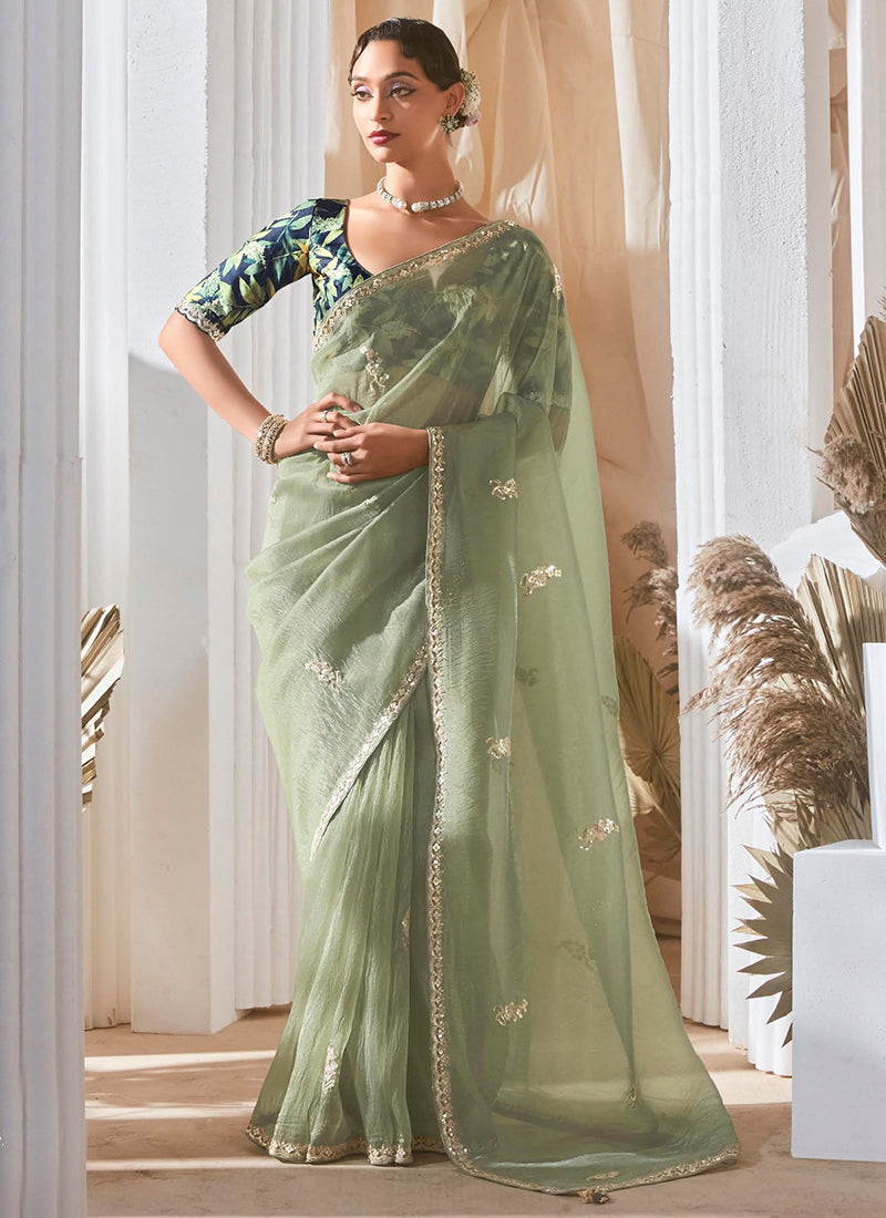 Fancy Green Bridal Wear Saree with Lace Work 381692