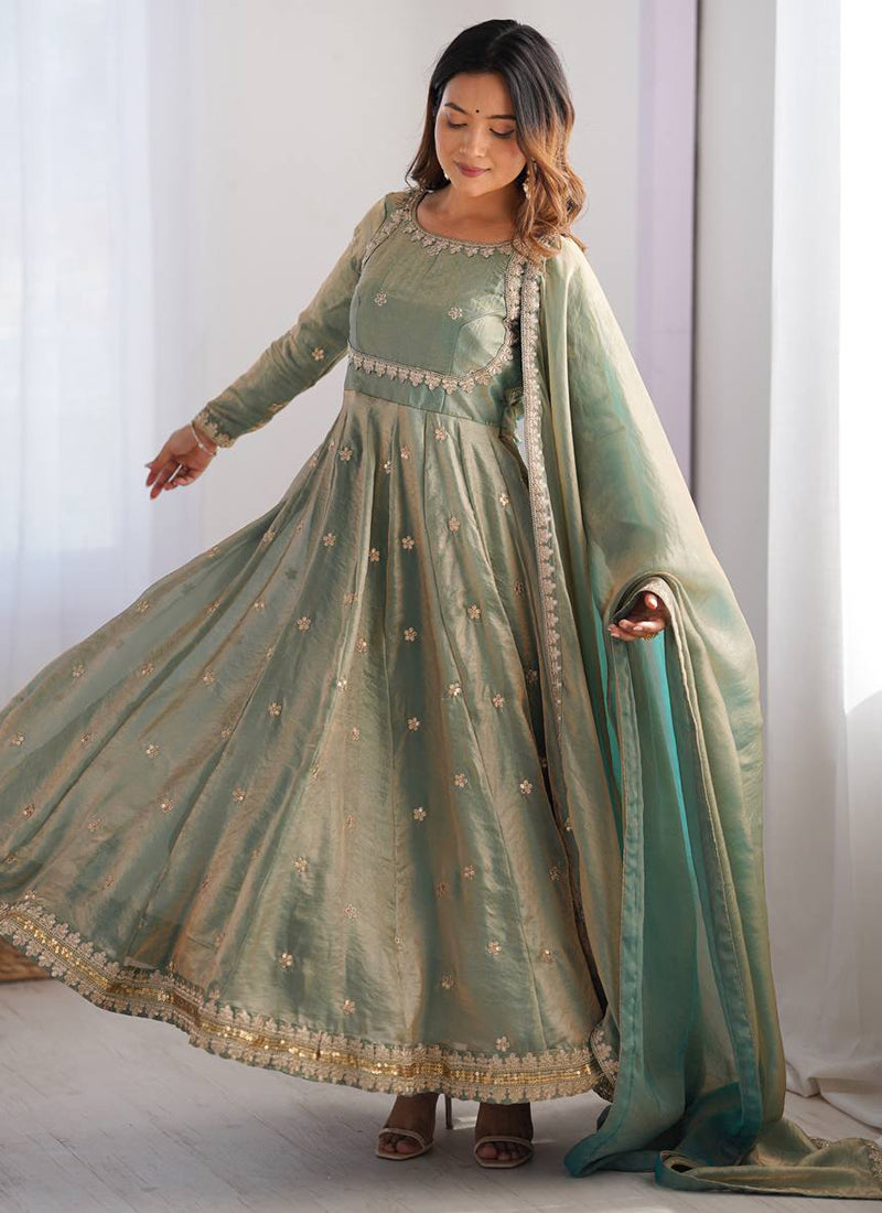 Fendy Silk Green Casual Wear Sequins Work Readymade Anarkali Suit 3887   House of Sonali