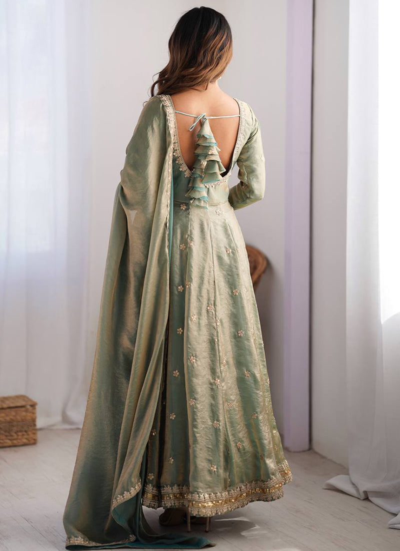 Fendy Silk Green Casual Wear Sequins Work Readymade Anarkali Suit 388726