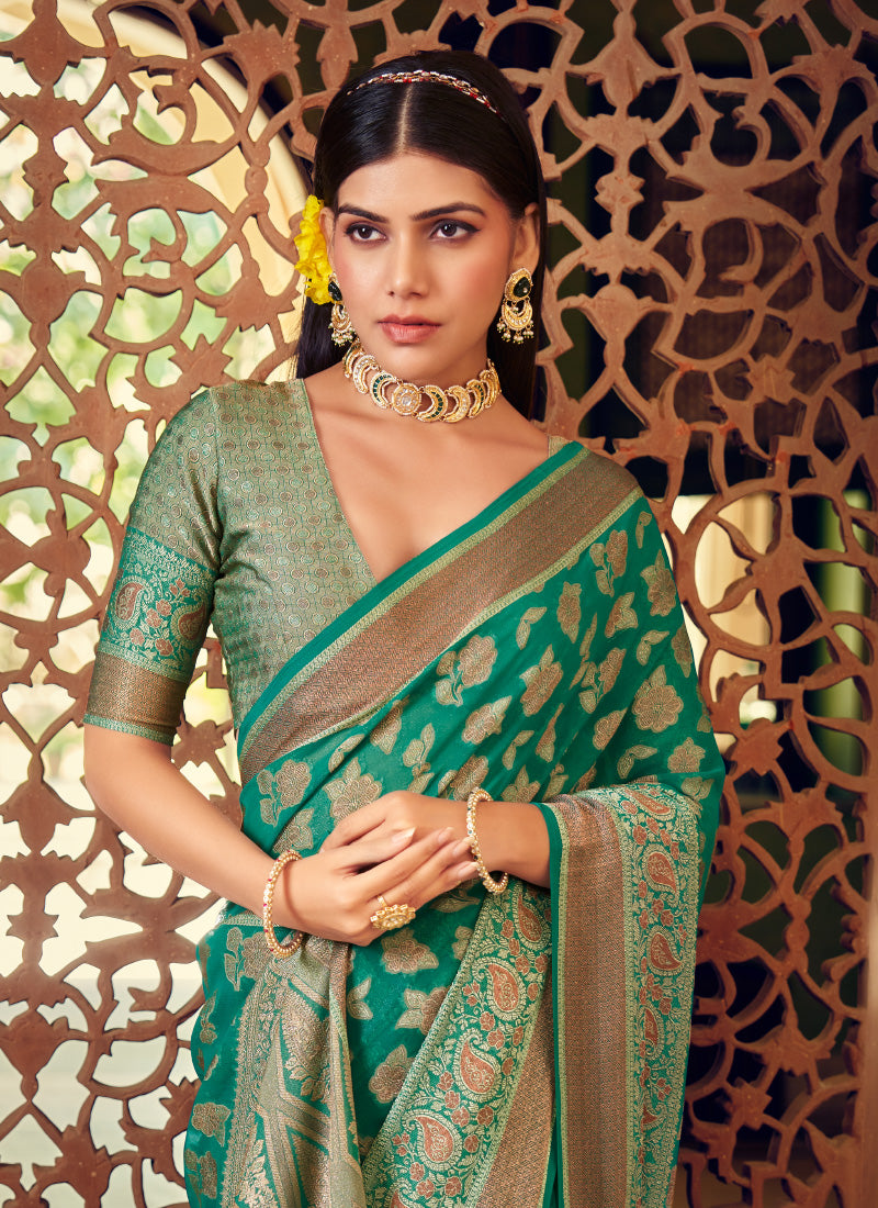 Georgette Green Festival Wear Weaving Work Saree 385985
