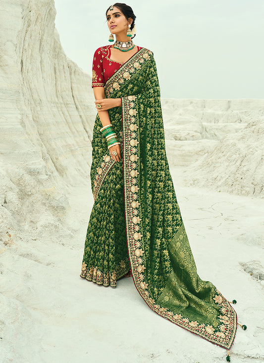 Georgette Green Saree with Heavy Hand Work for Wedding Wear 383304
