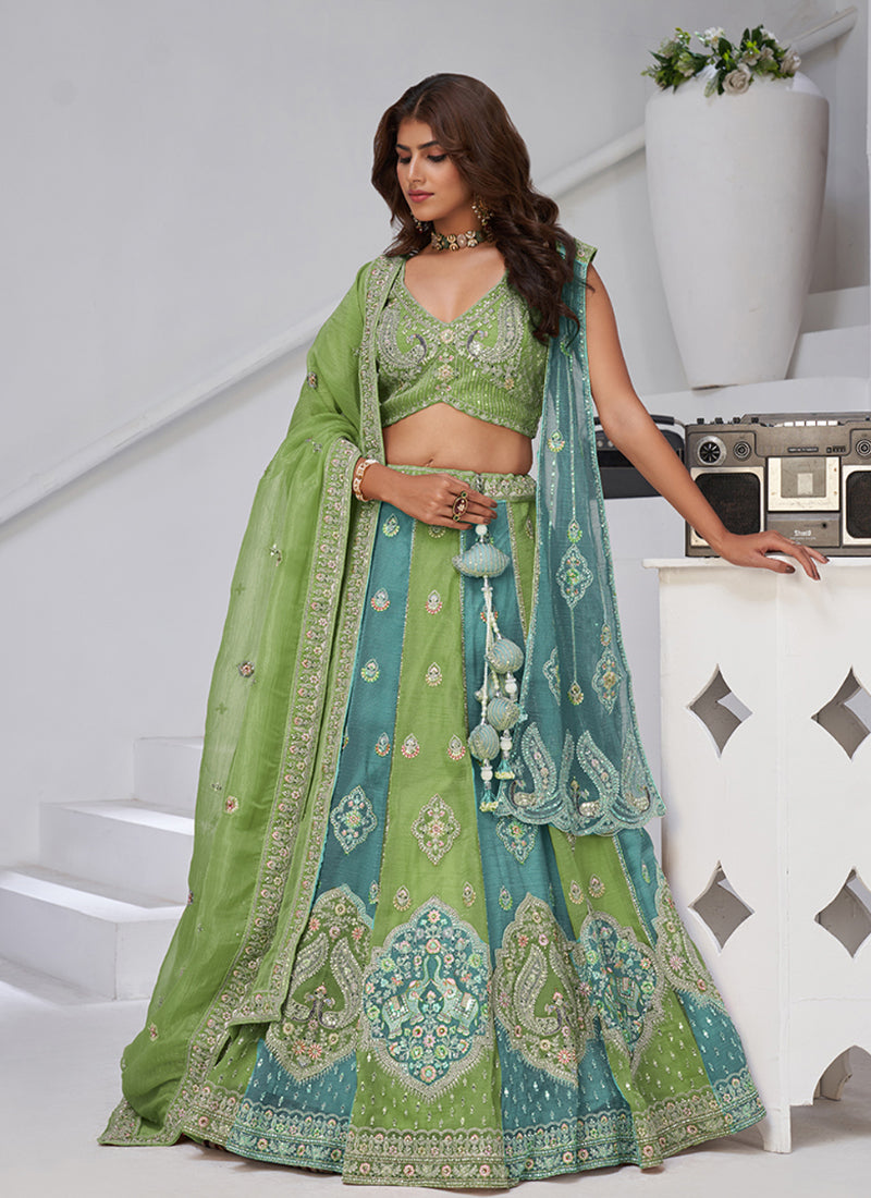 Georgette Green Wedding Wear Zari Embroidery Work Lehenga Choli 385990