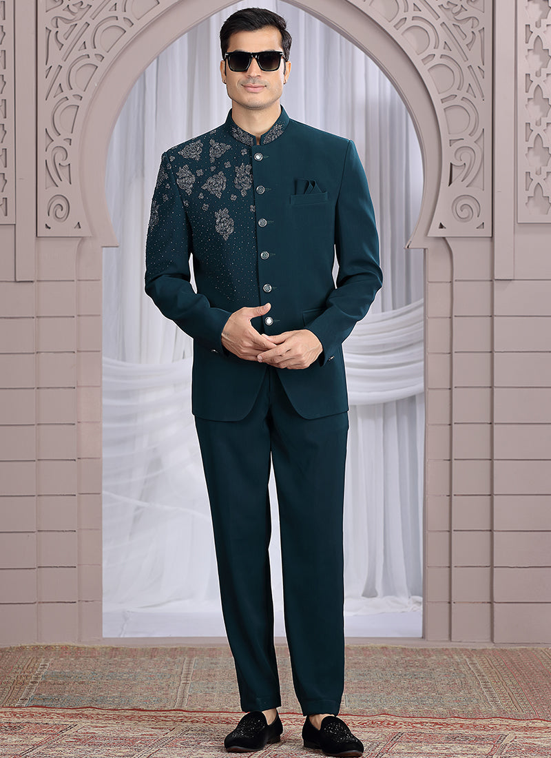 Imported Green Wedding Wear Hand Work Readymade Jodhpuri Suit 385489