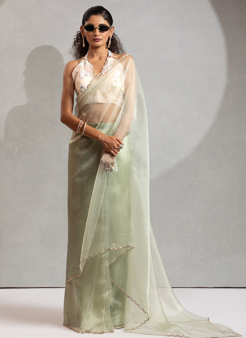 Organza Green Saree with Border Work for Designer Wear 380333