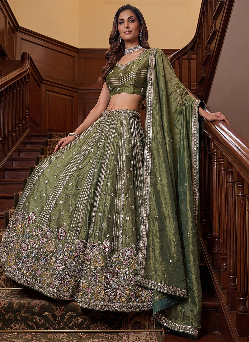 Green Organza Sequins Work Occasional Wear Lehenga Choli SW130384