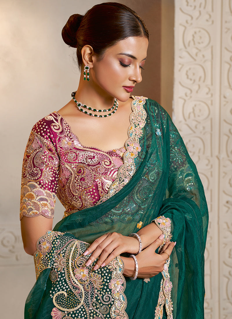 Organza Green Wedding Wear Embroidery Work Saree 386111