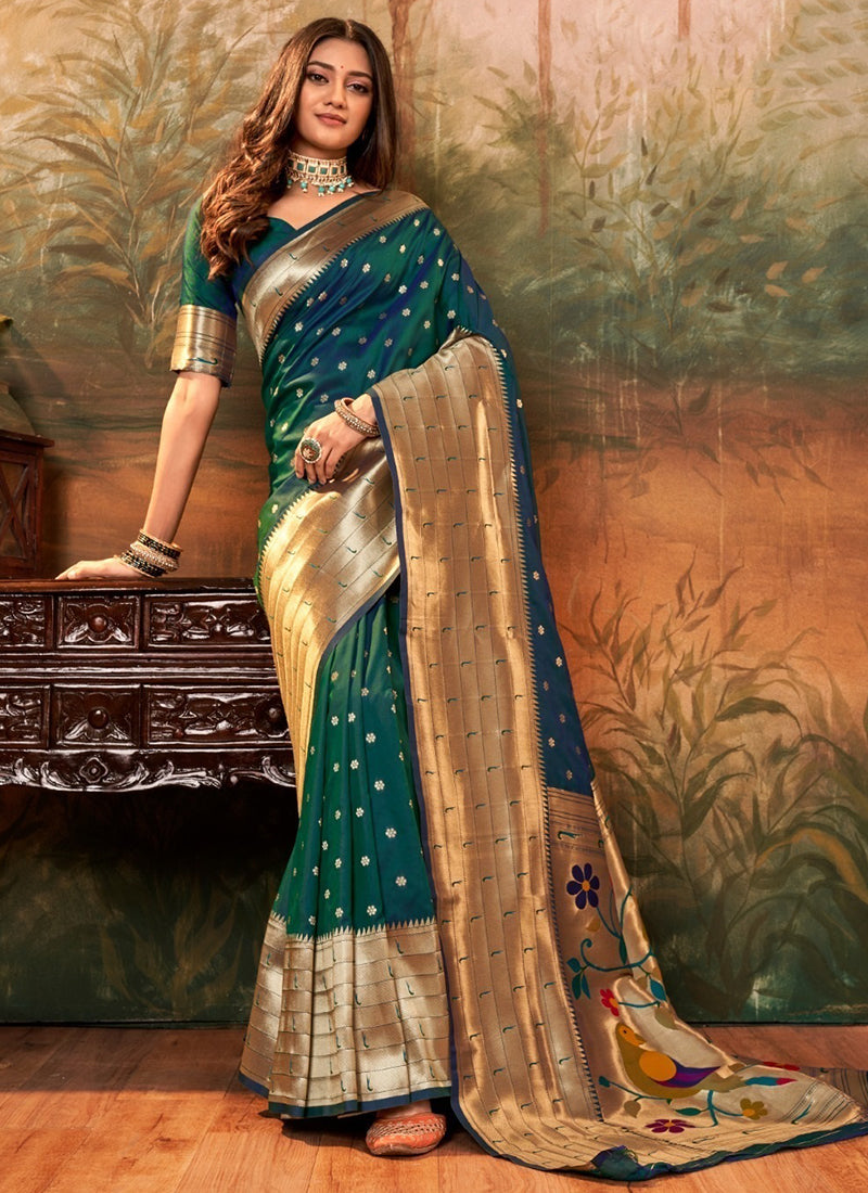 Pure Paithani Silk Green Saree with Zari Weaving Work for Bridal Wear 380845