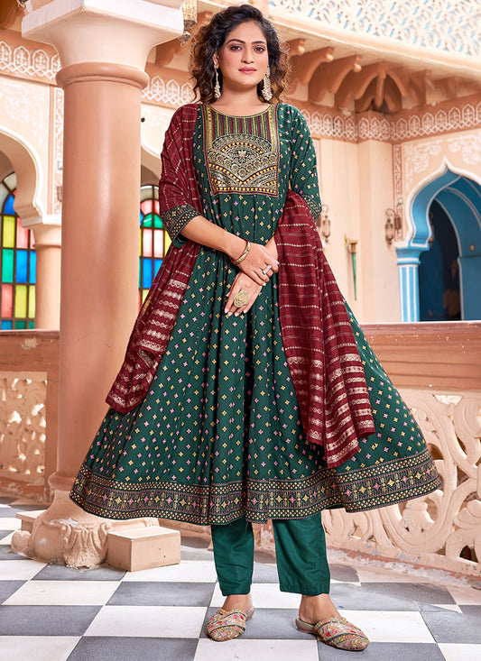 Rayon Green Casual Wear Sequin Work Readymade Anarkali Suit 382160