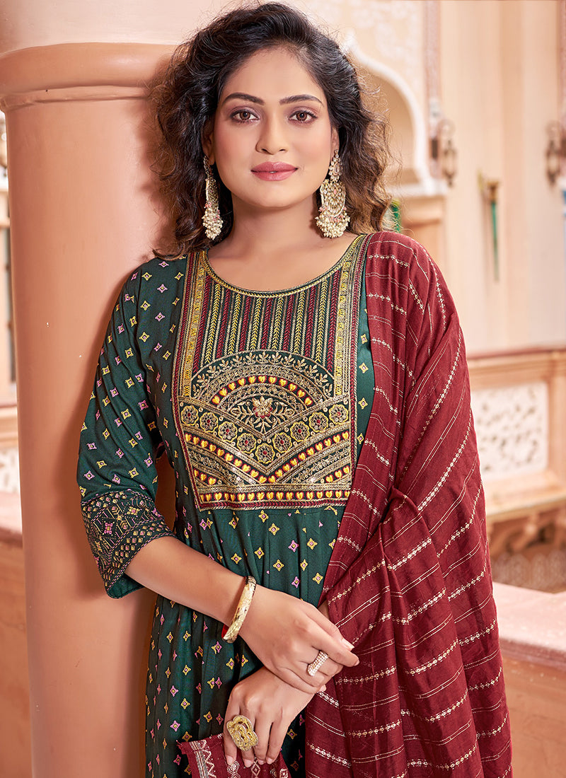 Rayon Green Casual Wear Sequin Work Readymade Anarkali Suit 382160