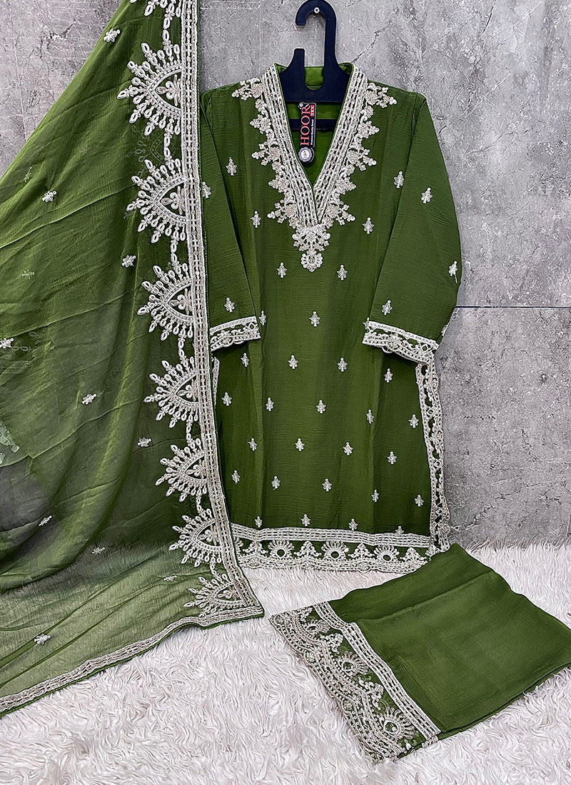 Real Chinon Green Eid Wear Zari Work Readymade Pakistani Suit 388111