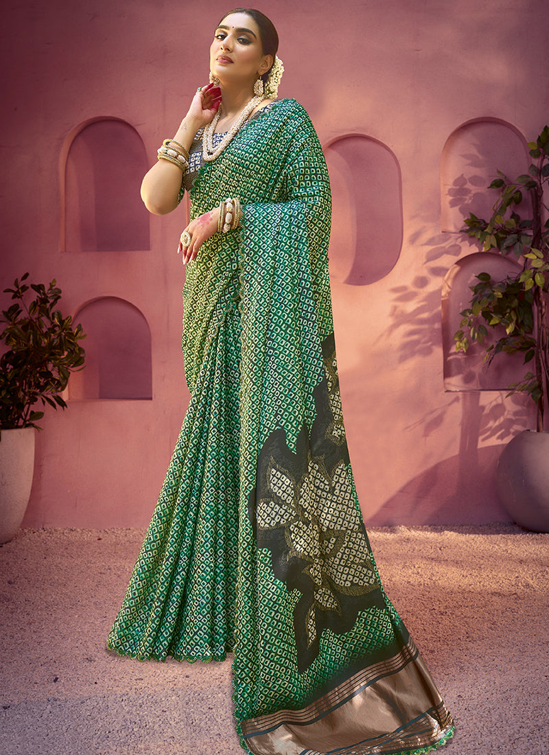 Satin Silk Green Saree with Embroidery Work for Festival Wear 384502