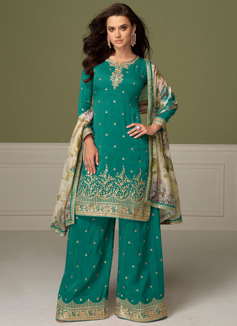 Shimmer Silk Green Wedding Wear Zari Workl Readymade Palazzo Suit 384990