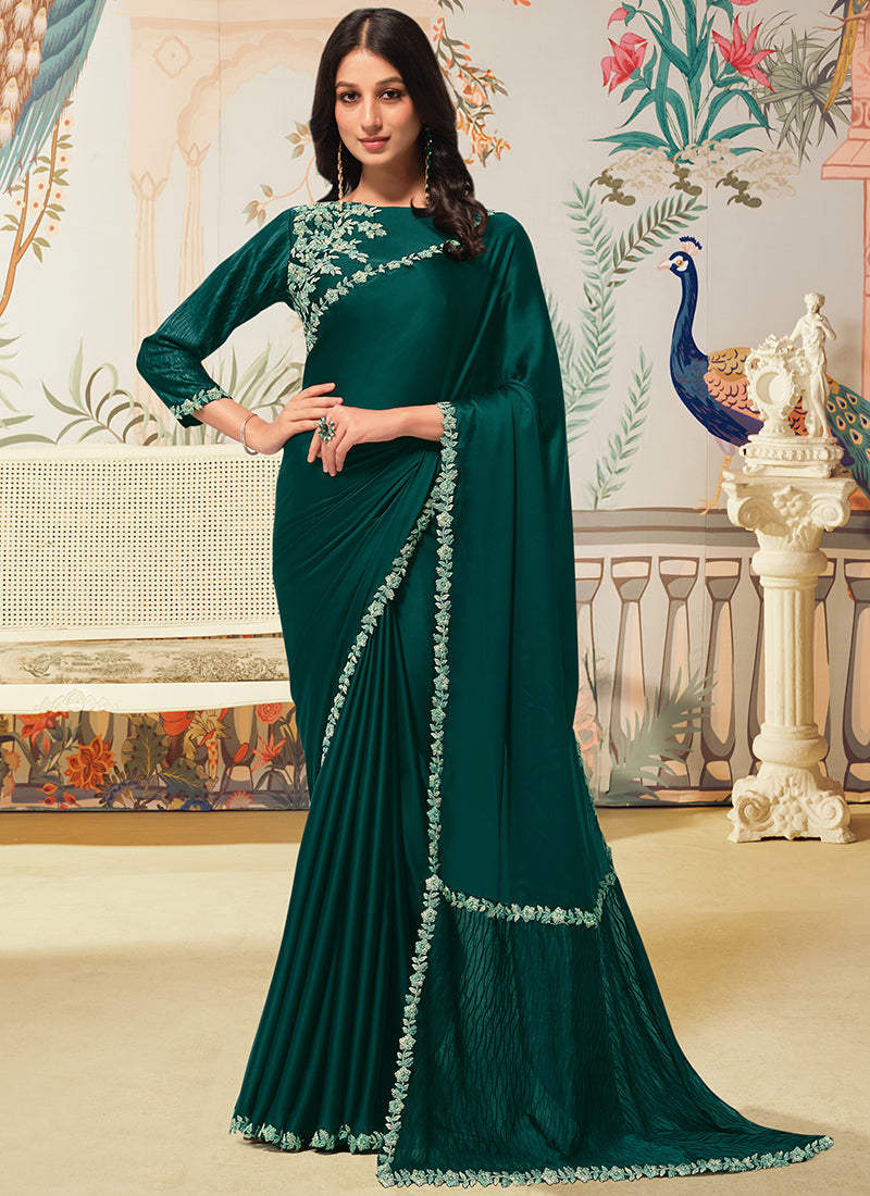 Silk Green Saree with Embroidery Work for Festival Wear 385040