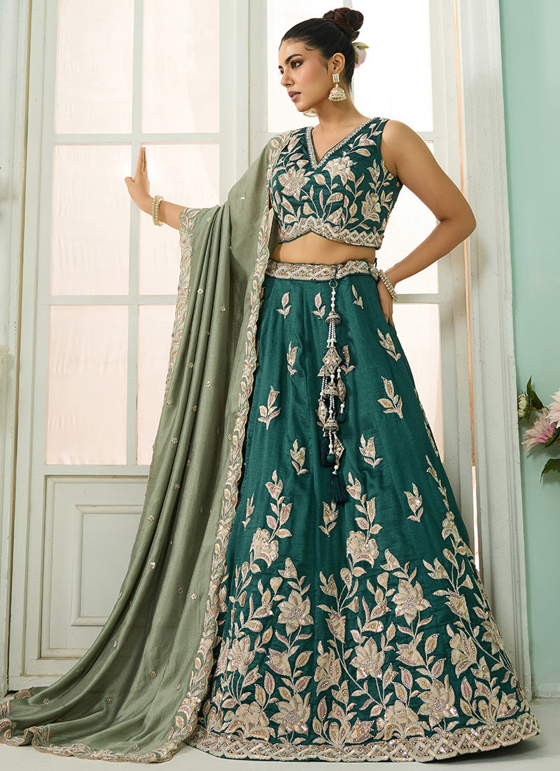 Silk Green Wedding Wear Embroidery Work Lehenga Choli 385384