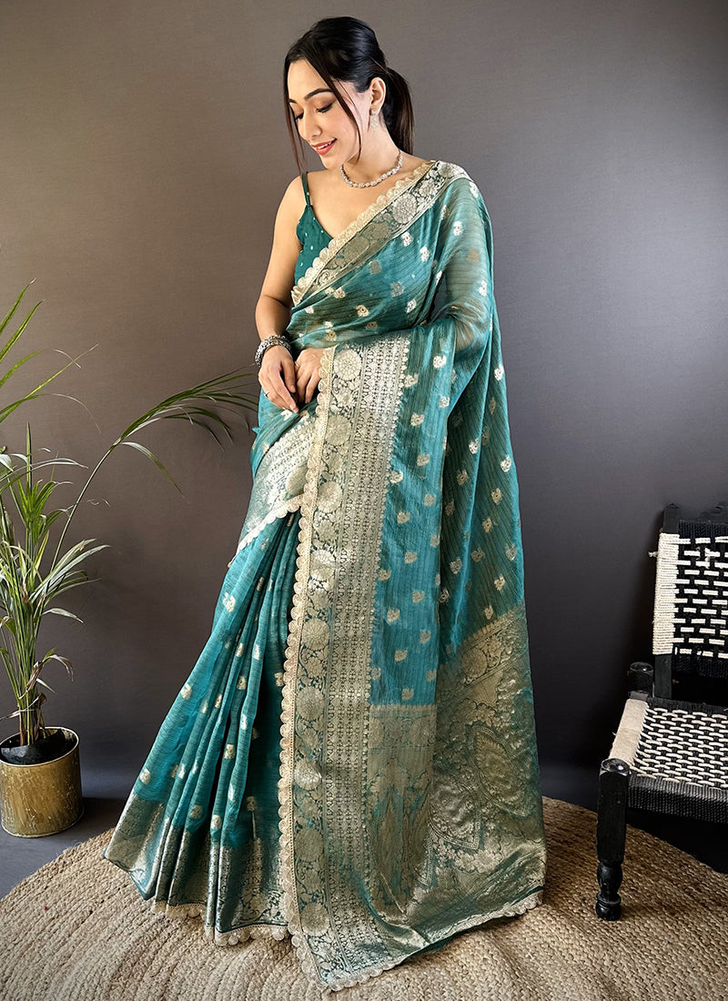 Tissue Silk Green Saree with Border Work for Wedding Wear 381061