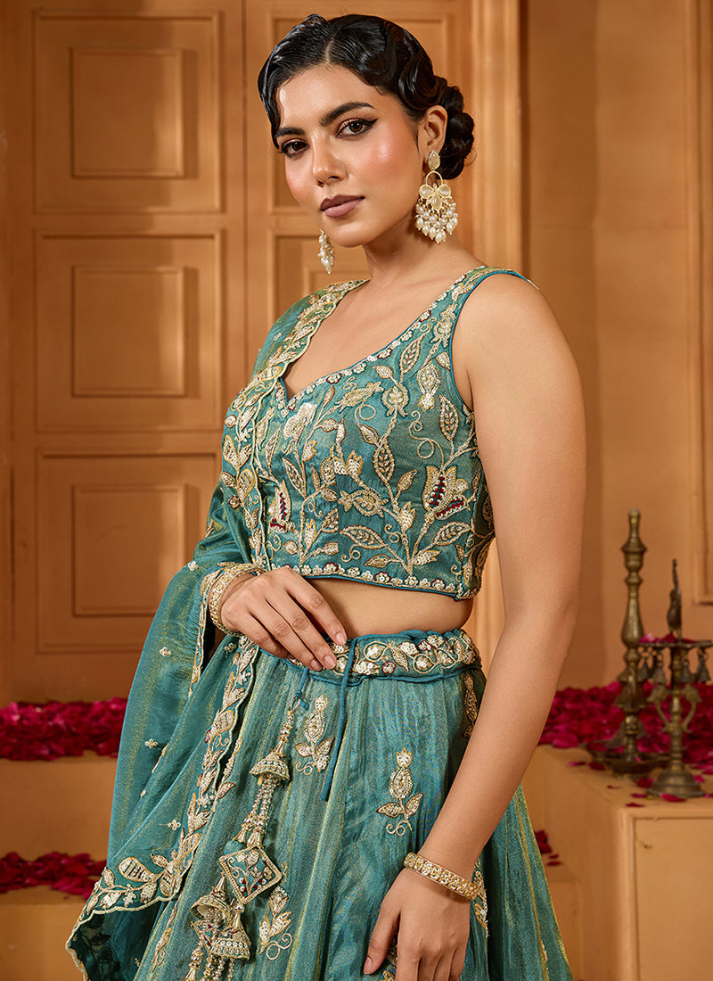 Tissue Green Wedding Wear Embroidery Work Lehenga Choli 385381