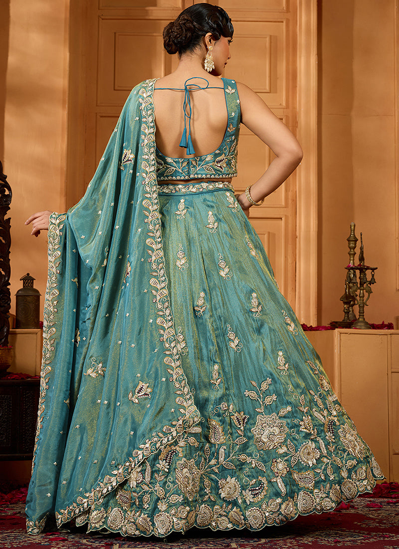 Tissue Green Wedding Wear Embroidery Work Lehenga Choli 385381