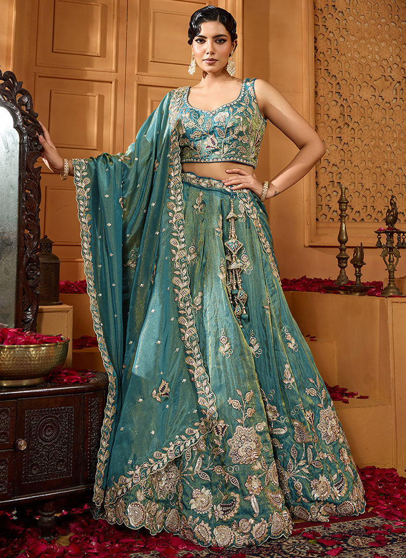 Tissue Green Wedding Wear Embroidery Work Lehenga Choli 385381