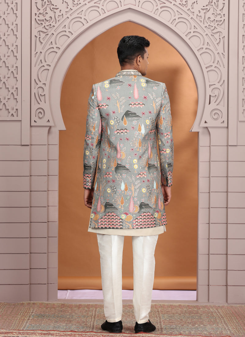 Art Silk Grey Wedding Wear Embroidery Work Readymade Indo Western Sherwani 386009