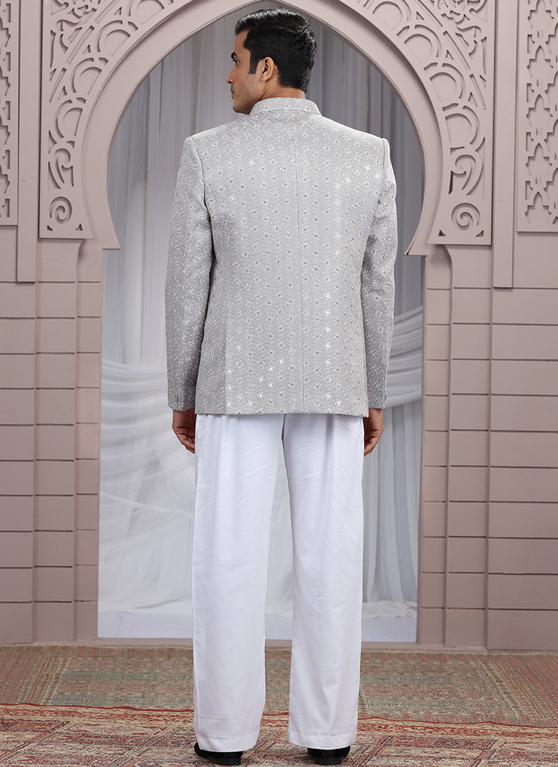 Art Silk Grey Wedding Wear Pattern Pc Work Readymade Indo Western 385497