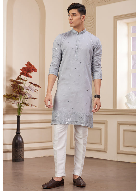 Stylish Grey Art Silk Kurta Pajama with Sequins Work