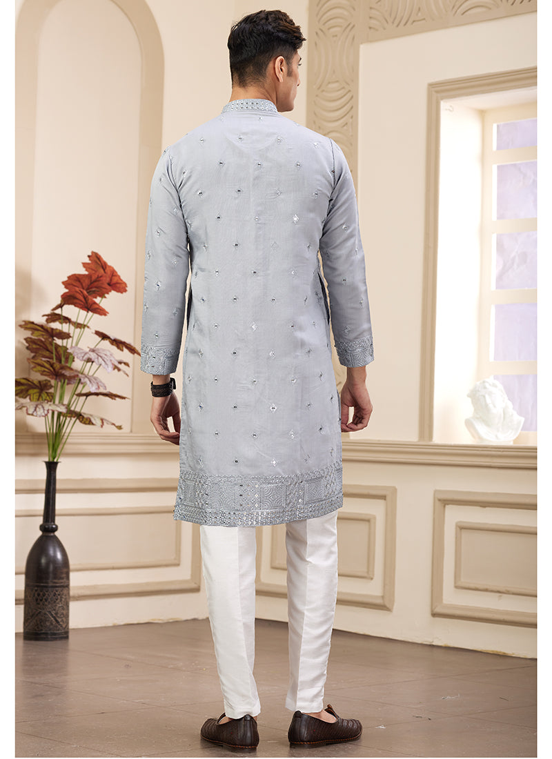 Stylish Grey Art Silk Kurta Pajama with Sequins Work