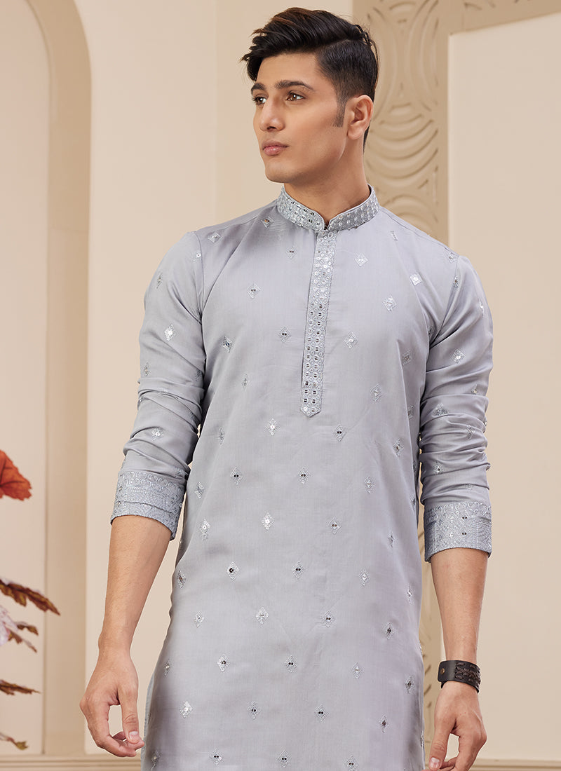 Stylish Grey Art Silk Kurta Pajama with Sequins Work