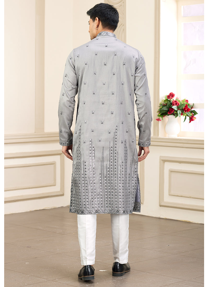Elegant Grey Party Wear Art Silk Kurta Pajama
