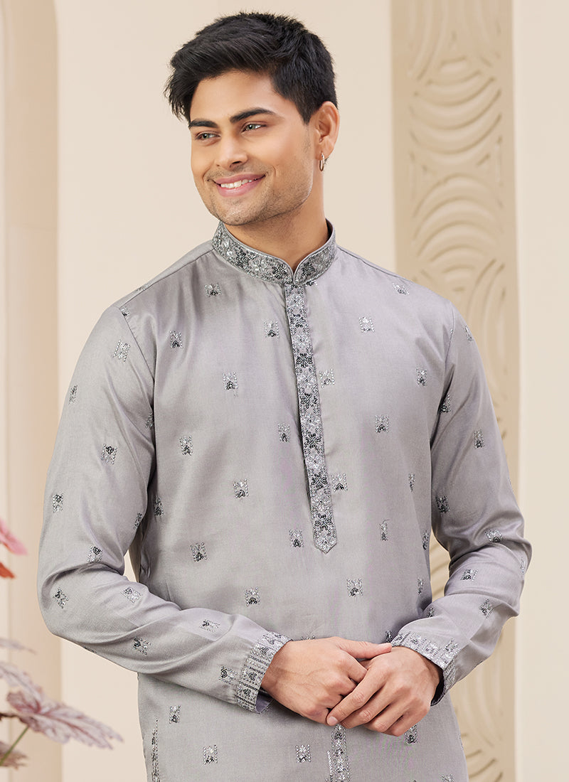Elegant Grey Party Wear Art Silk Kurta Pajama