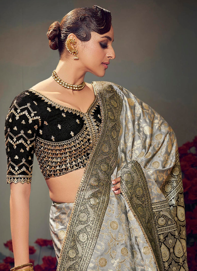 Fancy Fabric Grey Wedding Wear Embroidery Work Saree 385873