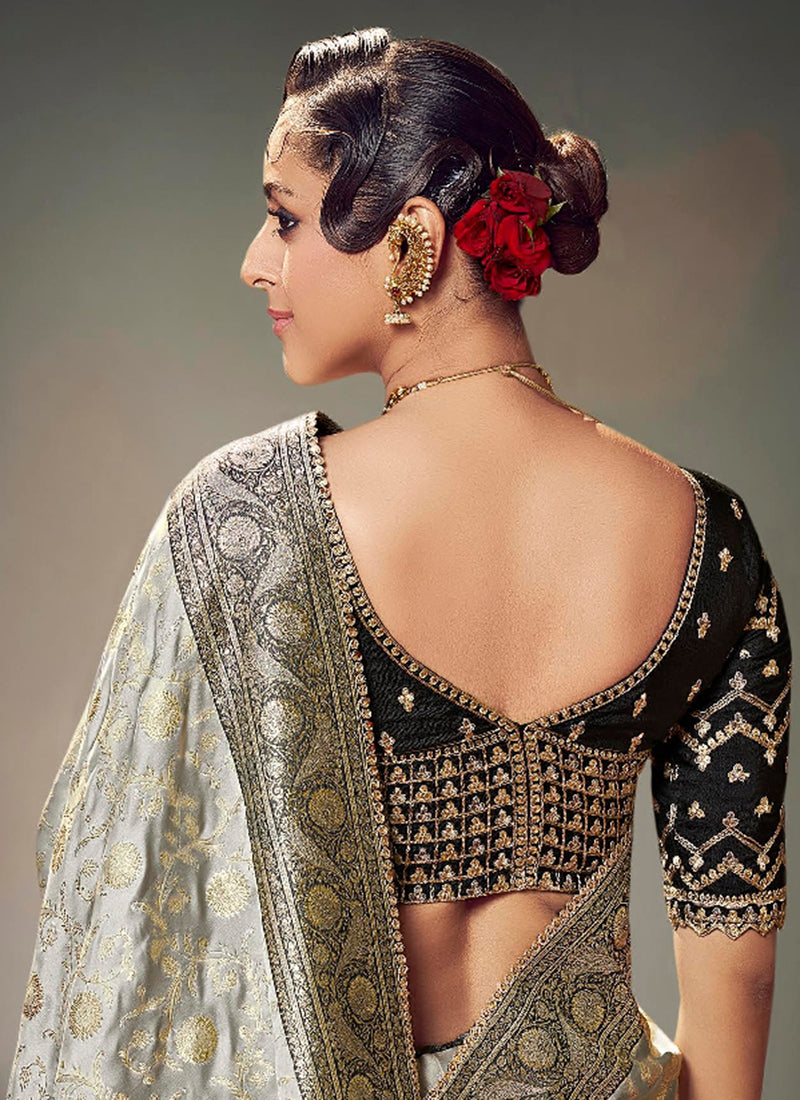 Fancy Fabric Grey Wedding Wear Embroidery Work Saree 385873