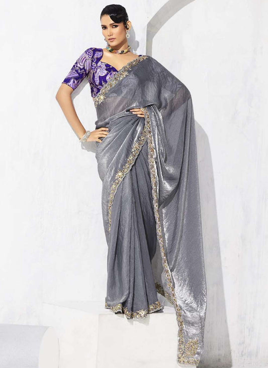 Fancy Fabric Grey Designer Saree with Thread Embroidery Work for Wedding Wear 384474