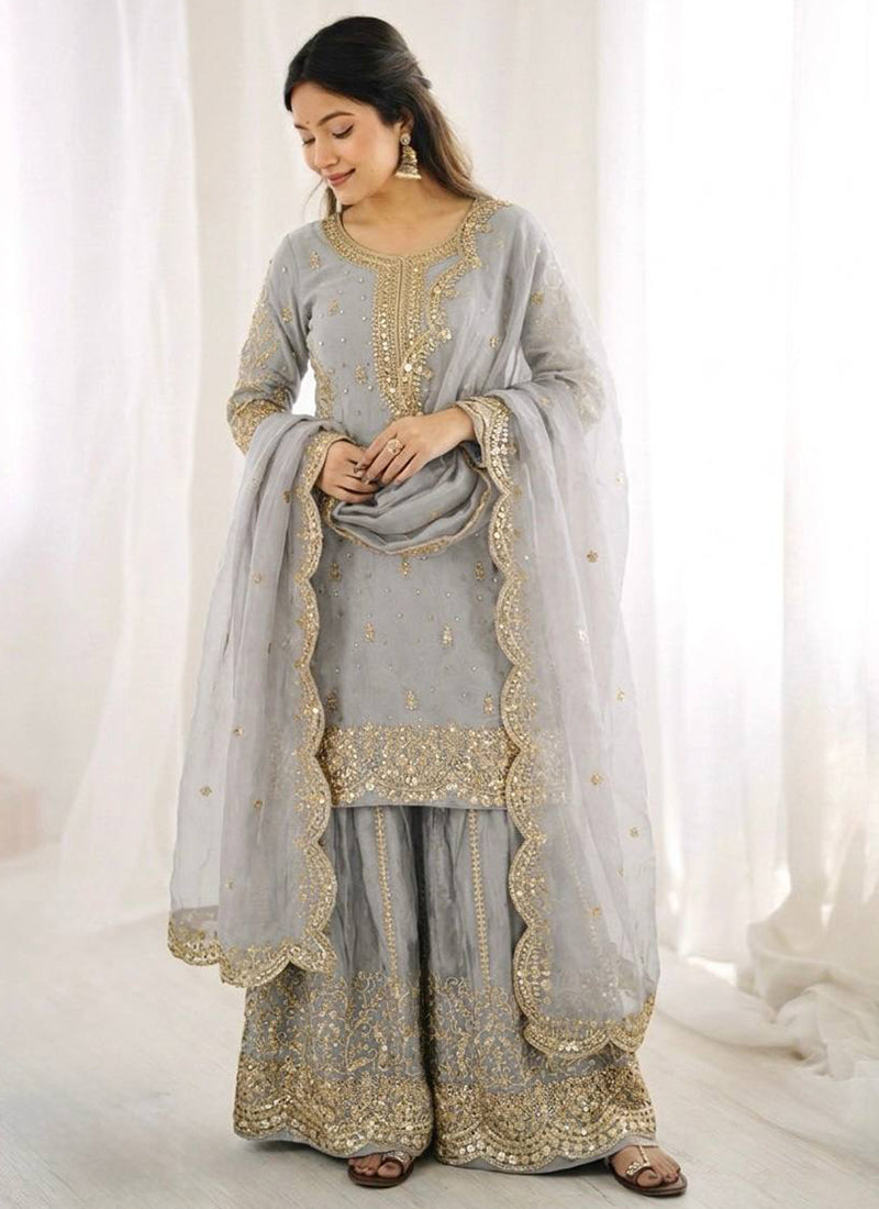 Grey Fendi Silk Embroidery Work Festival Wear Readymade Plazzo Suit SW326557