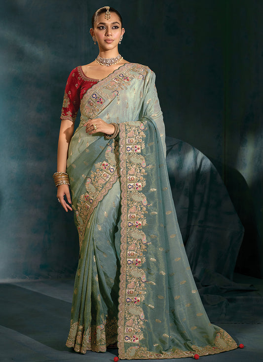 Natural Crepe Grey Designer Saree with Heavy Work for Bridal Wear 384677