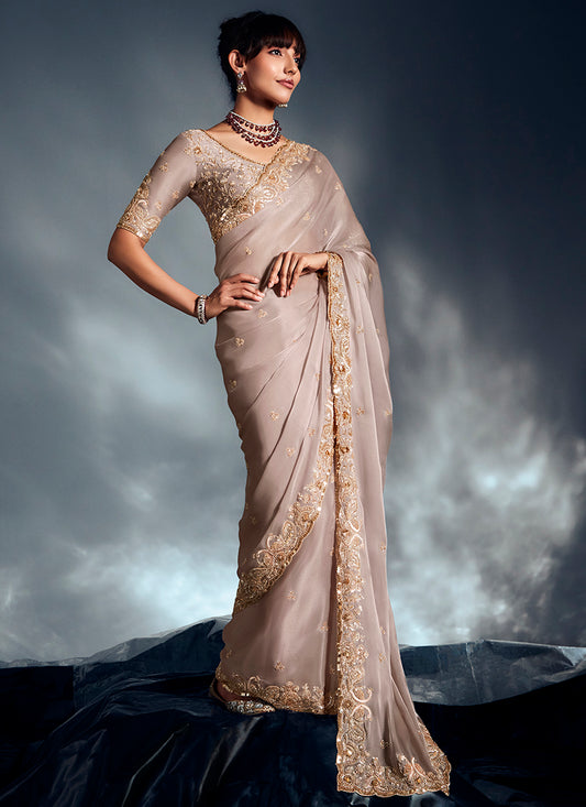 Organza Grey Saree with Sequin Work for Wedding Wear 383025