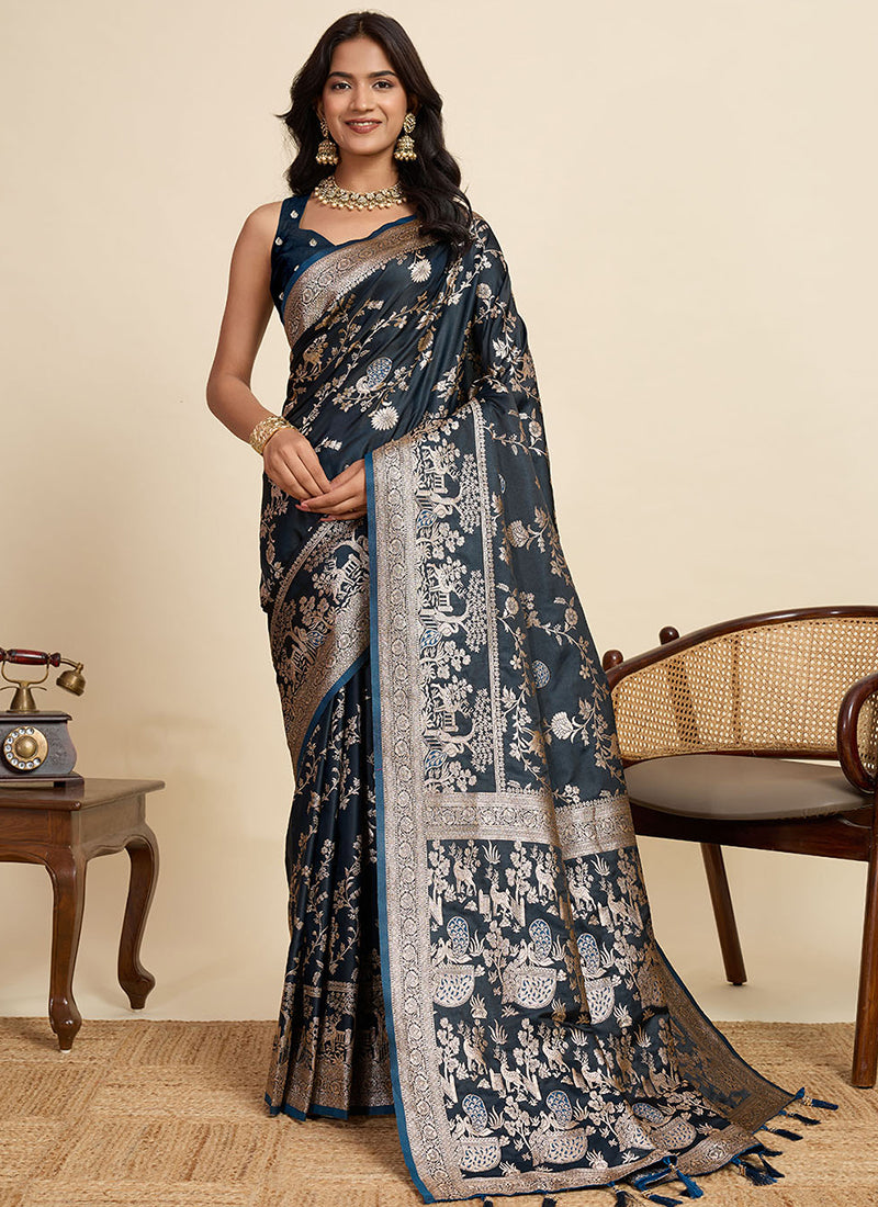 Satin Silk Grey Saree with Weaving Work for Party Wear 382783