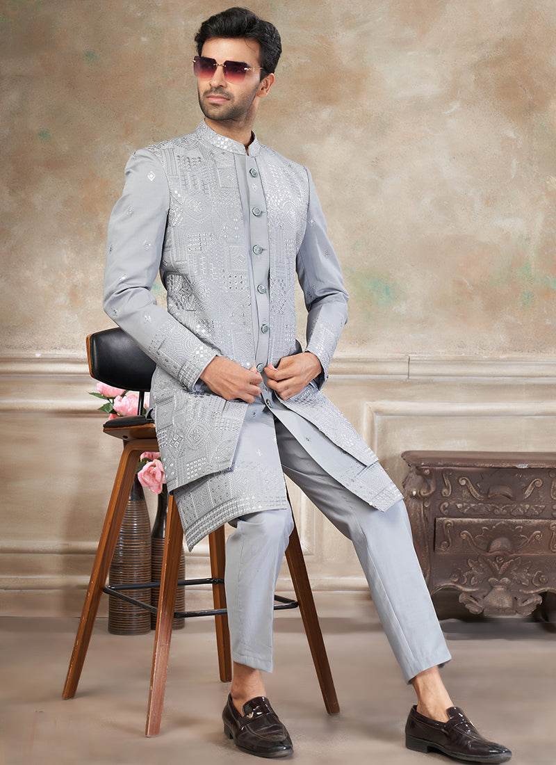 Silk Grey Party Wear Embroidery Work Readymade Indo Western Suit 386319