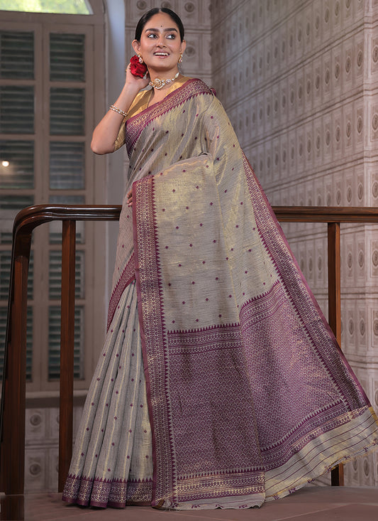 Tissue Silk Grey Saree with Weaving Work for Casual Wear 382874