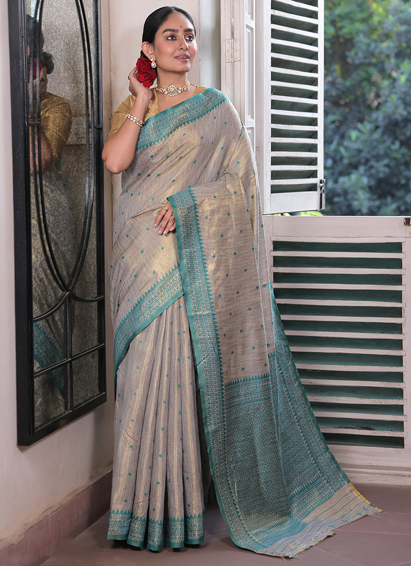 Tissue Silk Grey Saree with Weaving Work for Casual Wear 382877