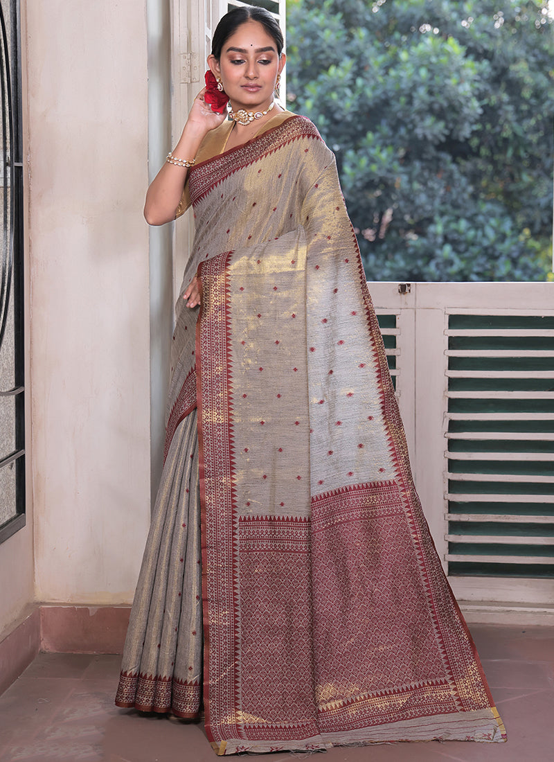 Tissue Silk Grey Saree with Weaving Work for Casual Wear 382878
