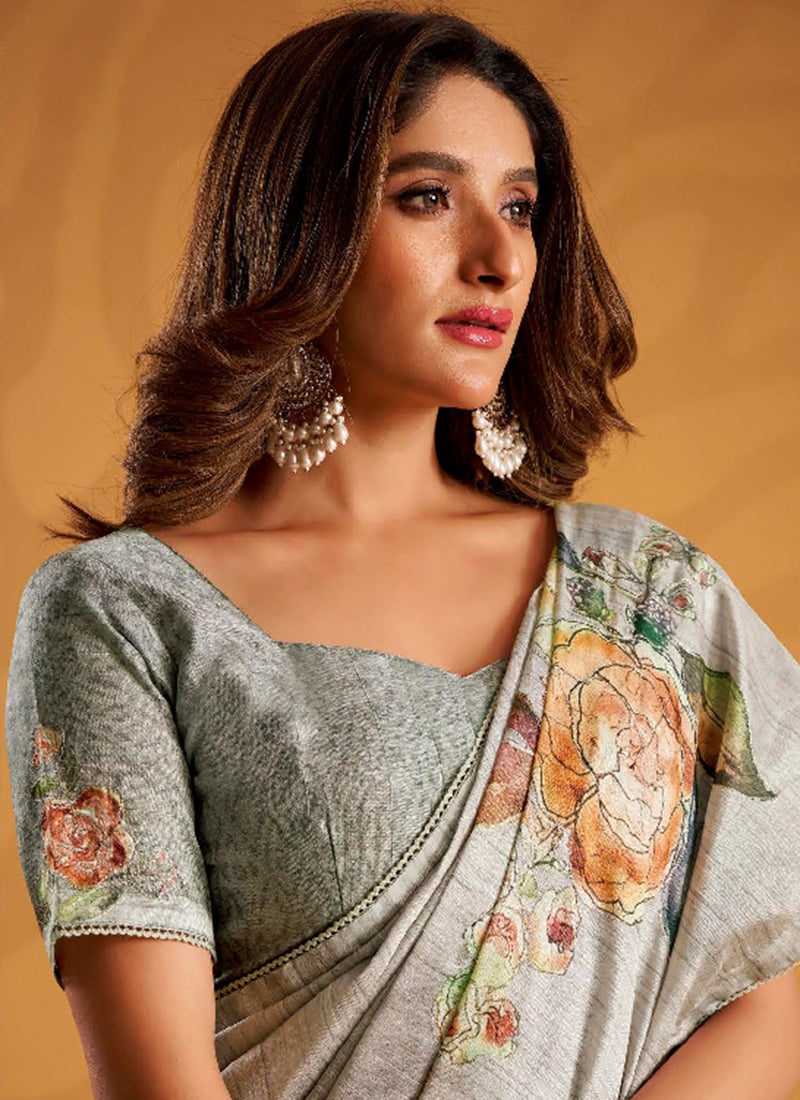 Grey Tussar Silk Printed Work Occasional Wear Saree SW217606