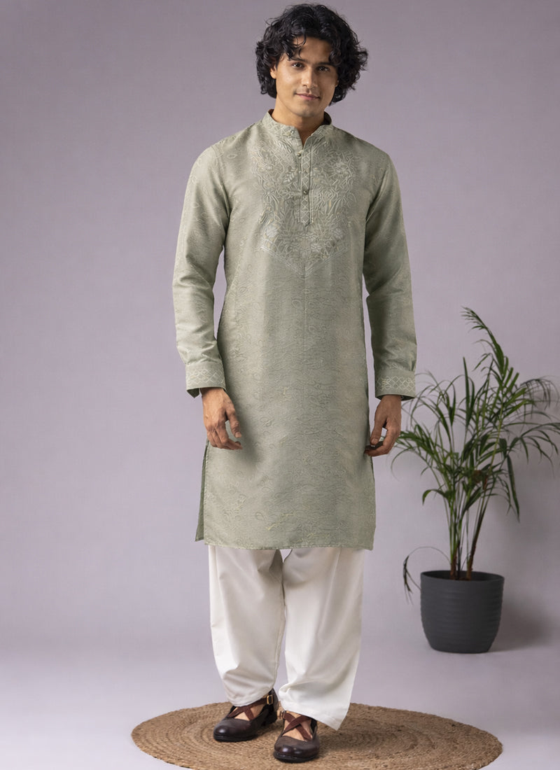 Grey Viscose Embroidery Work Festival Wear Readymade Kurta Pajama SW282042