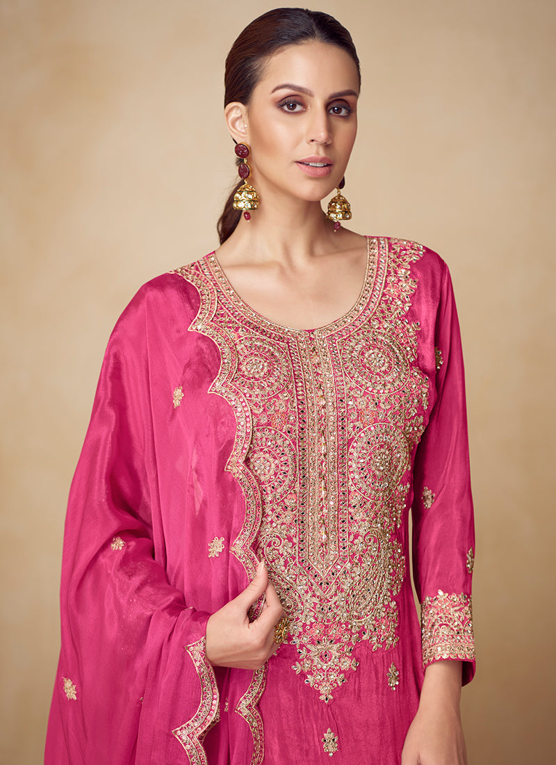 Chinnon Hot Pink Wedding Wear Hand Work Readymade Palazzo Suit 384963