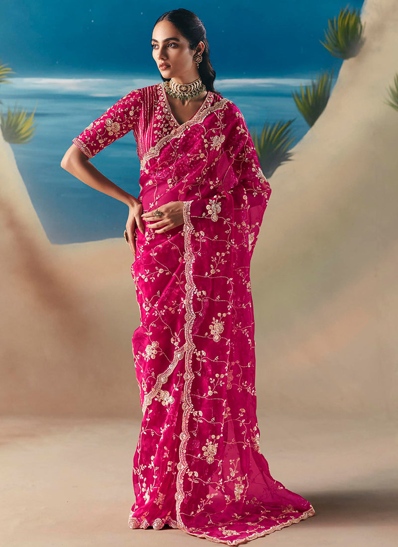 Fancy Hot Pink Saree with Sequins Work for Wedding Wear 385415