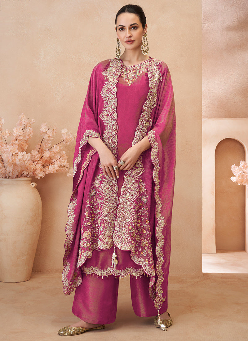 Shimmer Silk Hot Pink Readymade Plazzo Suit with Embroidery Work for Festival Wear 385516
