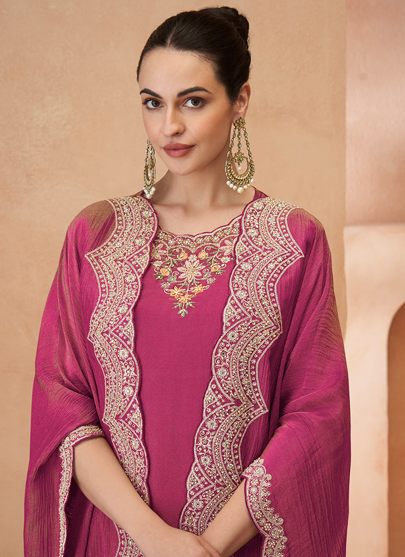 Shimmer Silk Hot Pink Readymade Plazzo Suit with Embroidery Work for Festival Wear 385516
