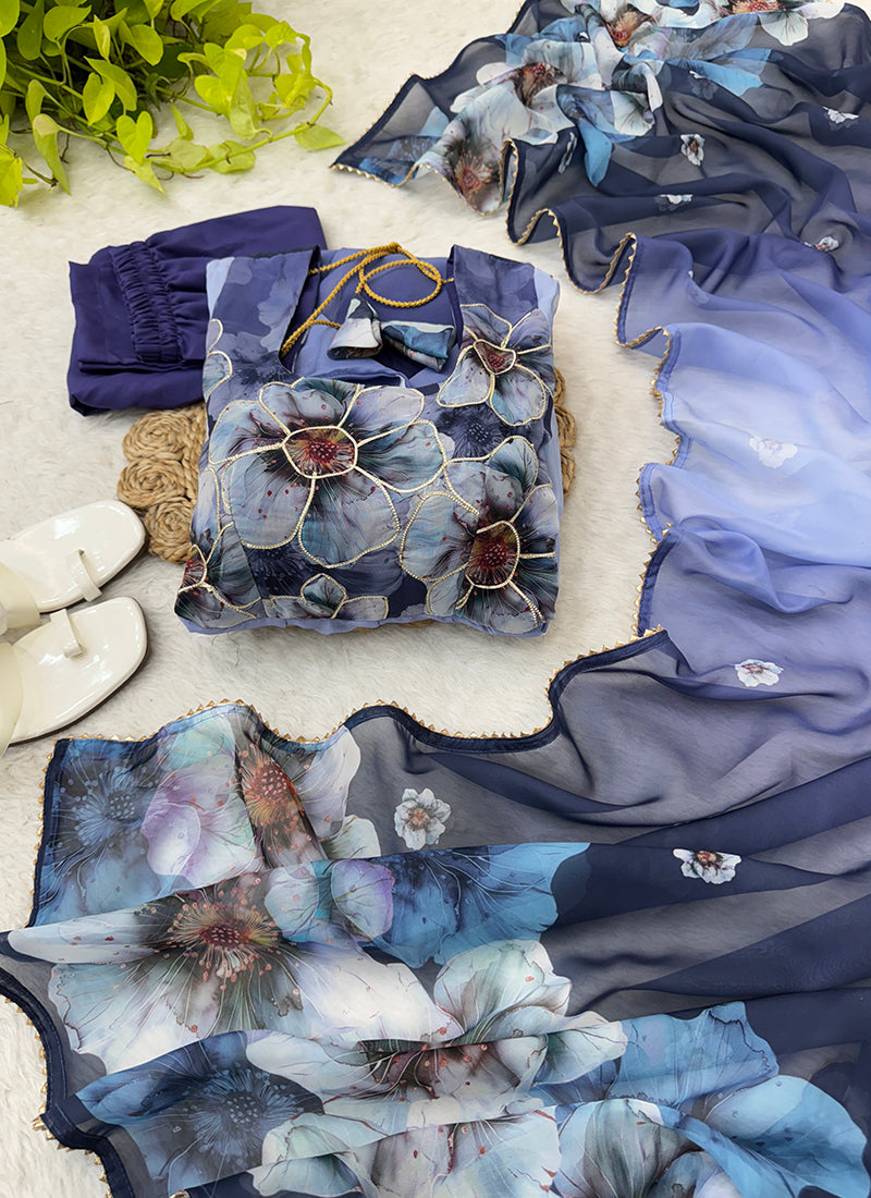 Organza Blue Festival Wear Digital Print Work Readymade Gown 384607