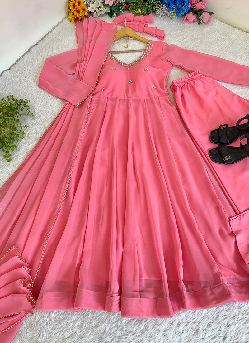 Faux Georgette Peach Festival Wear Hand Work Readymade Anarkali Suit 384612