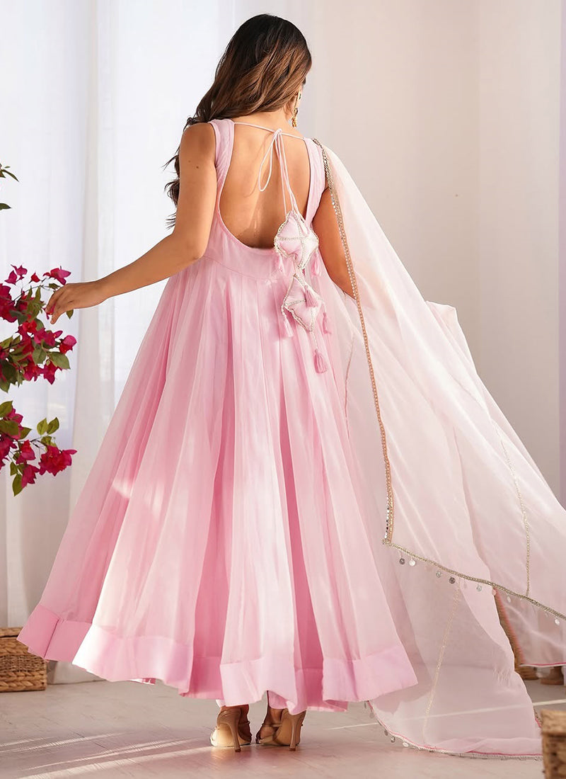 Faux Georgette Peach Festival Wear Hand Work Readymade Anarkali Suit 384612