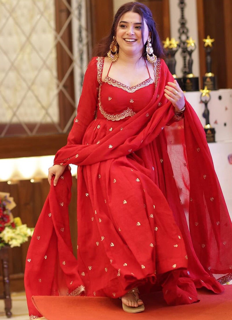 Faux Georgette Red Festival Wear Embroidery Work Readymade Anarkali Gown 384613